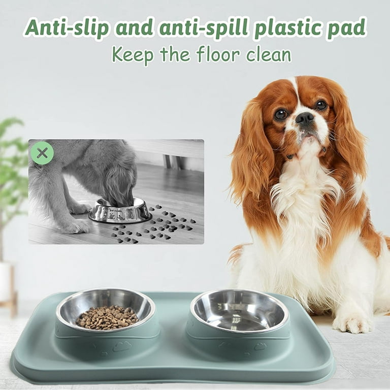 Slip Resistant Pet Bowls and Silicone Feeding Mat Set, Catch Water and Food  Mess, Raised Edges for No Spills, for Small and Large  Pets,green,green，G19395 