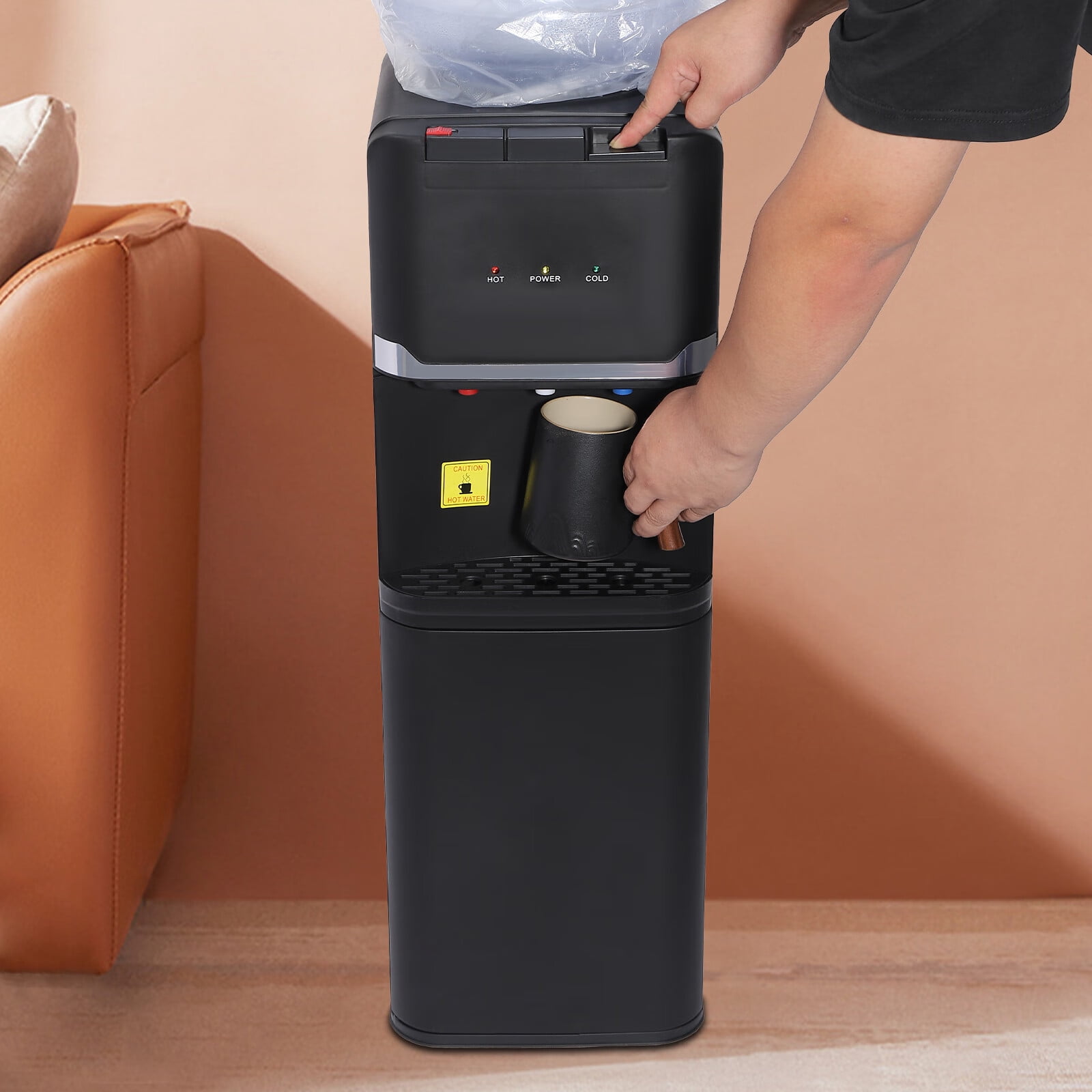 Aiqidi 550W Top Loading Water Dispenser 5 Gallon Vertical Cold and Hot Water Dispenser Home Office Dorm Anti-Scalding Design Water Dispenser with Storage Cabinet 32.68" High (Black)
