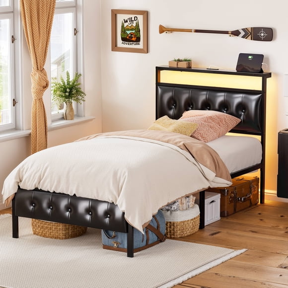 GUNAITO Cadre de Lit Format Simple avec Tête et Pied de Lit de Rangement en Cuir PU, Lit Plateforme Rembourré avec Lumières LED, Ports USB et Prises, Noir