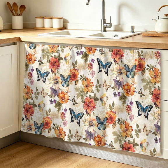 Spring Floral Cabinet Curtains for Shelves, Colorful Vintage Botanical Butterfly Privacy Curtain for Closet Self Adhesive, Dust-Proof Drapes for Closet Storage Room Classroom Doorway, 32"W x 55"L