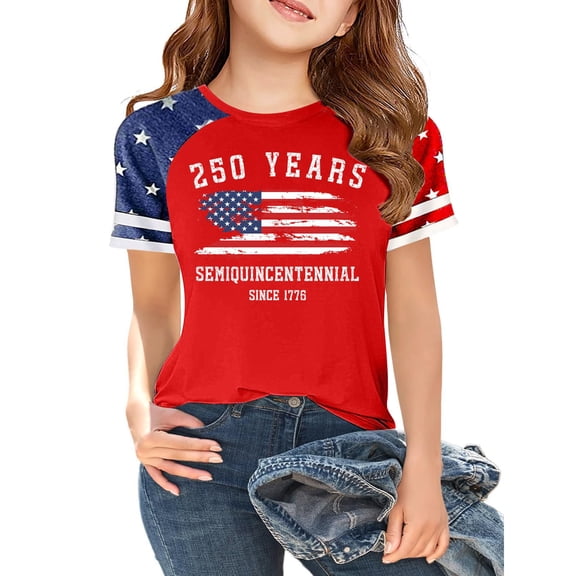 Evdexr 250th Anniversary Shirt for Girl Short Sleeve Crew Neck Independence Day Shirts Usa Flag Red White and Blue Vintage July 4th T Shirts Watermelon Red 110