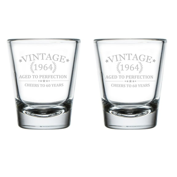 Set of 2 Shot Glasses Glass Cheers To 60 Years Vintage 1964 60th Birthday