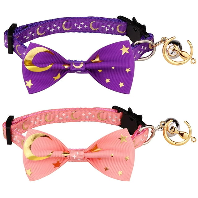 Collar De Gato Separable De 2 Piezas Con Pajarita Y Campana, Luna Dorada, Estrella Brillante En La Oscuridad Para Gatito (Púrpura Y Rosa)