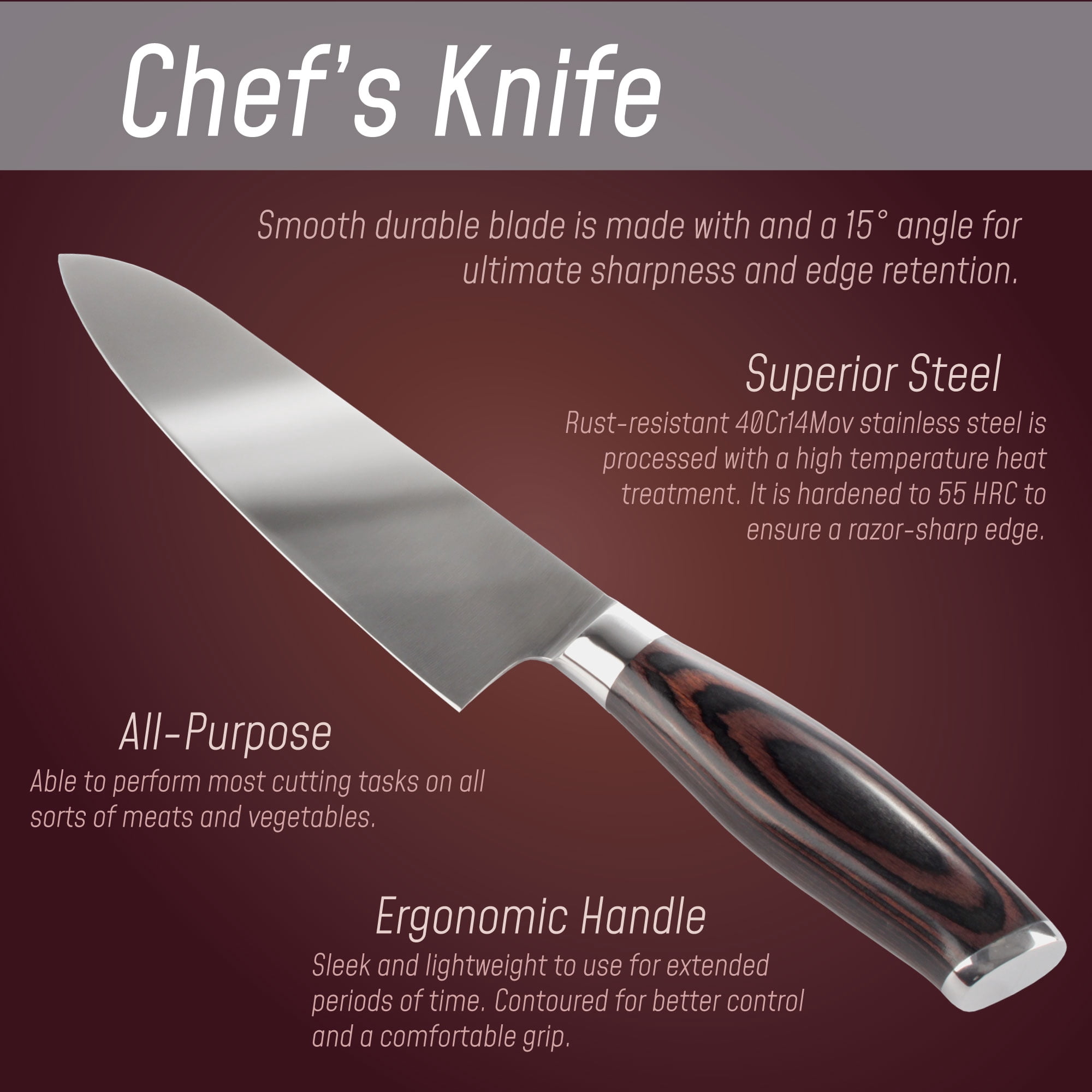 BambooMN Chef Knife - Smooth Blade Black Handle - 1 Knife