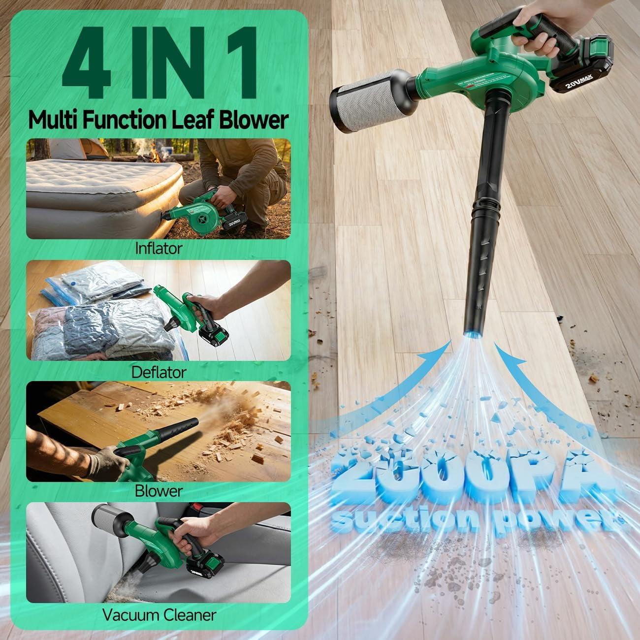 Cordless Leaf Blower Vacuum Combo 4 in 1, 3 Nozzles &3 Modes for Inflation & Deflation, Extended Tube & Variable Speed, 20000RPM 150MPH, 2x2000mAh Battery Powered Leaf Blowers for Lawn Care