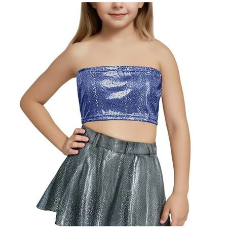 ZACPNCV Kids Girls Boys Shiny Sequins T-Shirts Short Sleeve Dance Crop Off Shoulder Tops Hip Hop Dancewear Blue 6-7 Years