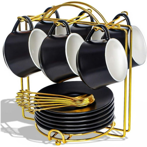 3-Ounce Porcelain Espresso Cups Set of 6, Stackable Coffee Cups with Saucers, Spoons and Metal Stand, Ceramic Demitasse Mugs, Espresso Accessories for Machine, Black