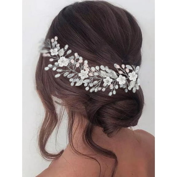 Bride Wedding Headband Flower Bridal Hair Accessories Crystal Pink Pearl Headpieces for Women and Girls
