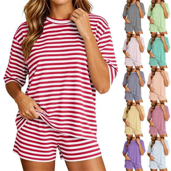Womens Striped Short Sets 2 Piece Summer Matching Lounge Sets Short Sleeve T Shirts and Shorts Red XL(XL)
