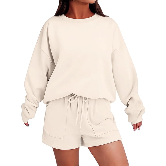 Shorts and Sweatshirt Set for Women Comfy Matching Sets Women College Outfits for Women Fall Lounge Sets Casual Set Fall Sets Cute Matching Sets,Beige,L