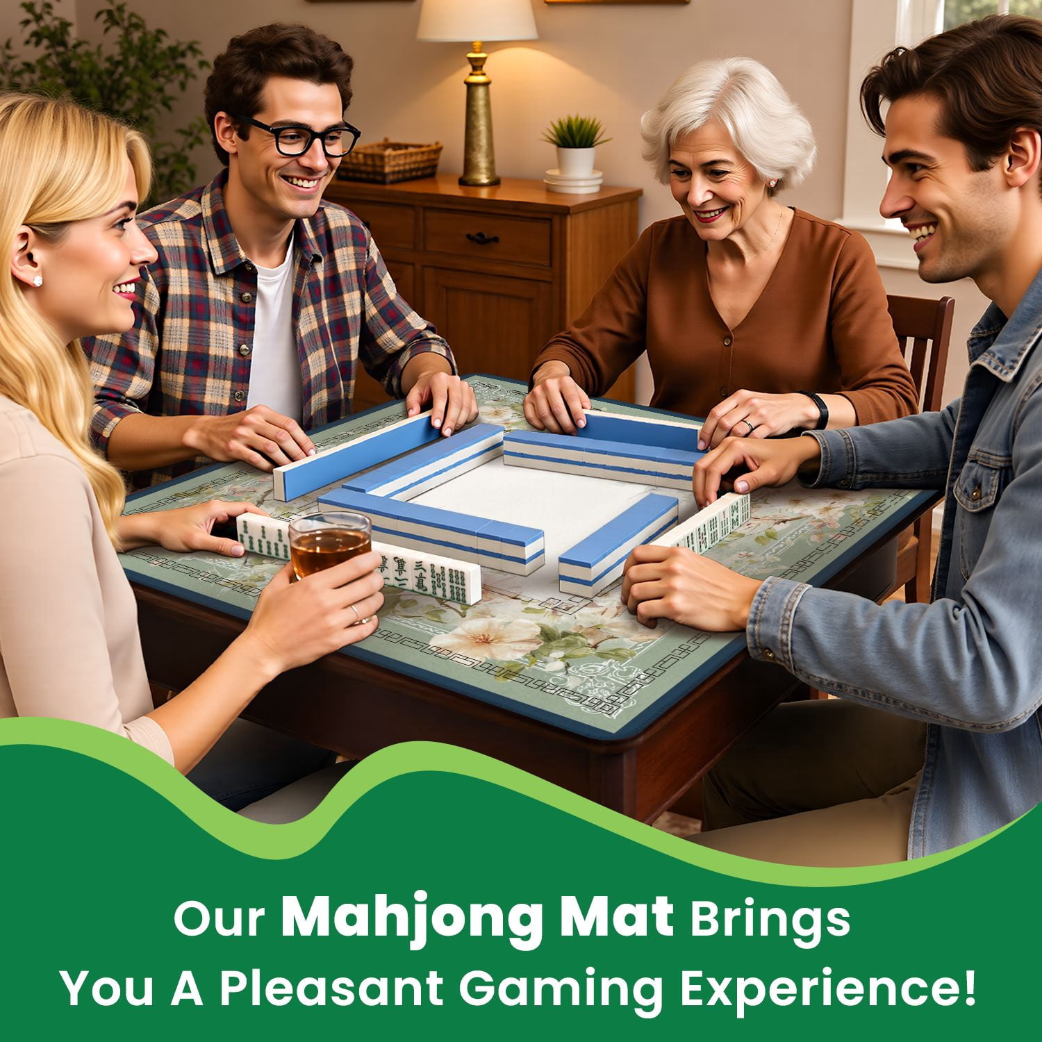 Mahjong Mat 31.5" x 31.5" Floral Vintage Frame Pastel Flowers Decorative Border Non-Slip Noise Reduction American Mahjong Tiles Table Cover for Dominoes Poker Card Board Games Gift