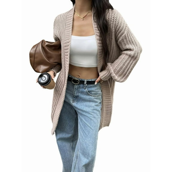 Long Sleeve Cable Knit Long Cardigan for Women Fall Winter Chunky Open Sweaters Brown S