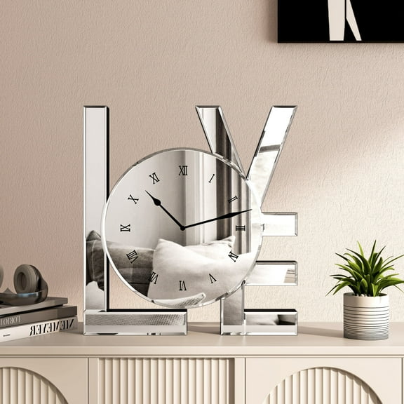 SHYFOY Modern Glass Decorative Table Clock LOVE Shaped Mirrored Clocks for Bedroom Home Decor