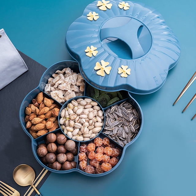 TIMIFIS Dining Mats 360 Degree Rotating Fruit and Vegetable Tray- Nesting Vegetable Platter with Colander- Plastic 7 Compartment Divider Storage Containers for Parties- Appetizers Kitchen Gadgets