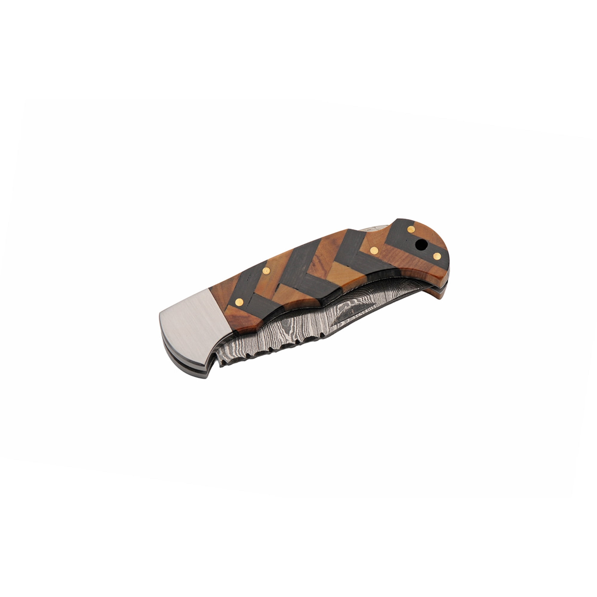 SANZ Forge & Midnight 3.75 Inch Folding Utility Knife with Damascus Pattern Blade and Wood Handle