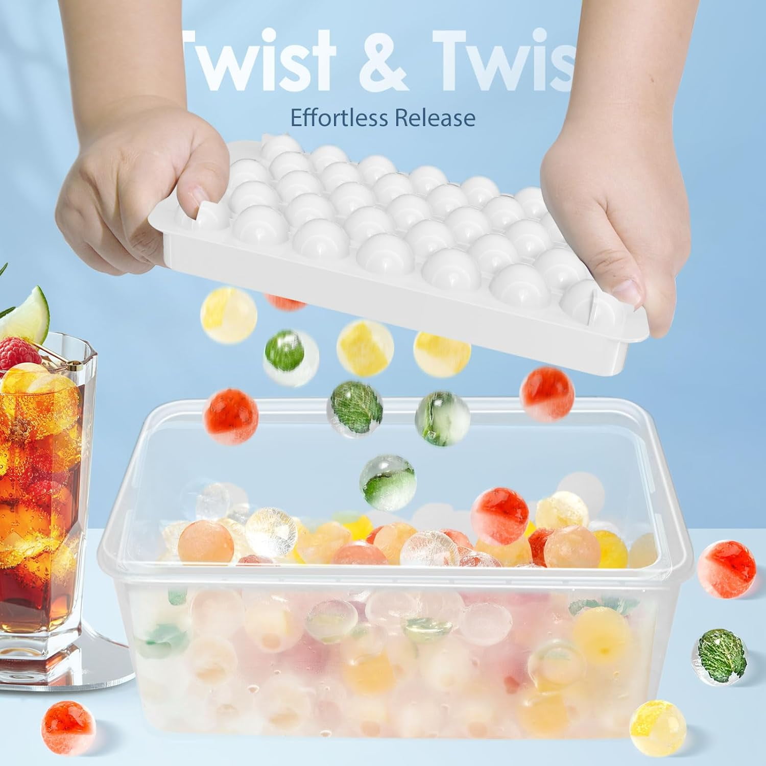 Ice Cube Tray with Lid and Bin - Round Ice Trays for Freezer with Lid - Ice Cube Trays for Freezer with Ice Container