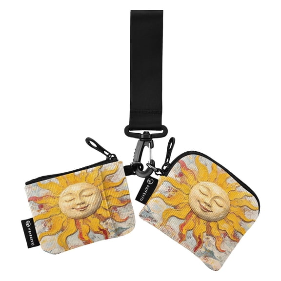 Portable Coin Purse Two 4.13x4.13 Iinches 4.13x3.5 Inches Wrist Coin Purse Keys Coin Purse Portable Women's Purse Yellow Smiling Sun Pattern