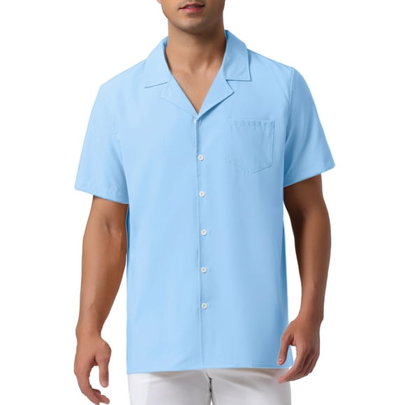 Camisas de lino para hombres edición INSPIRE CHIC con cuello camp, de manga corta y botón, camisas de verano para la playa, M azul