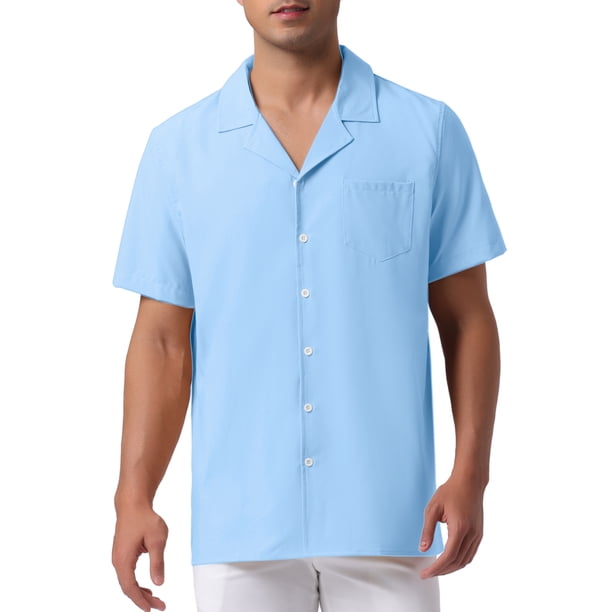 CAMISAS DE LINO PARA HOMBRES INSPIRADORAS CON COLLAR CAMP, MANGA CORTA, BOTONES, CAMISAS DE VERANO PARA PLAYA, TALLA 2XL, AZUL