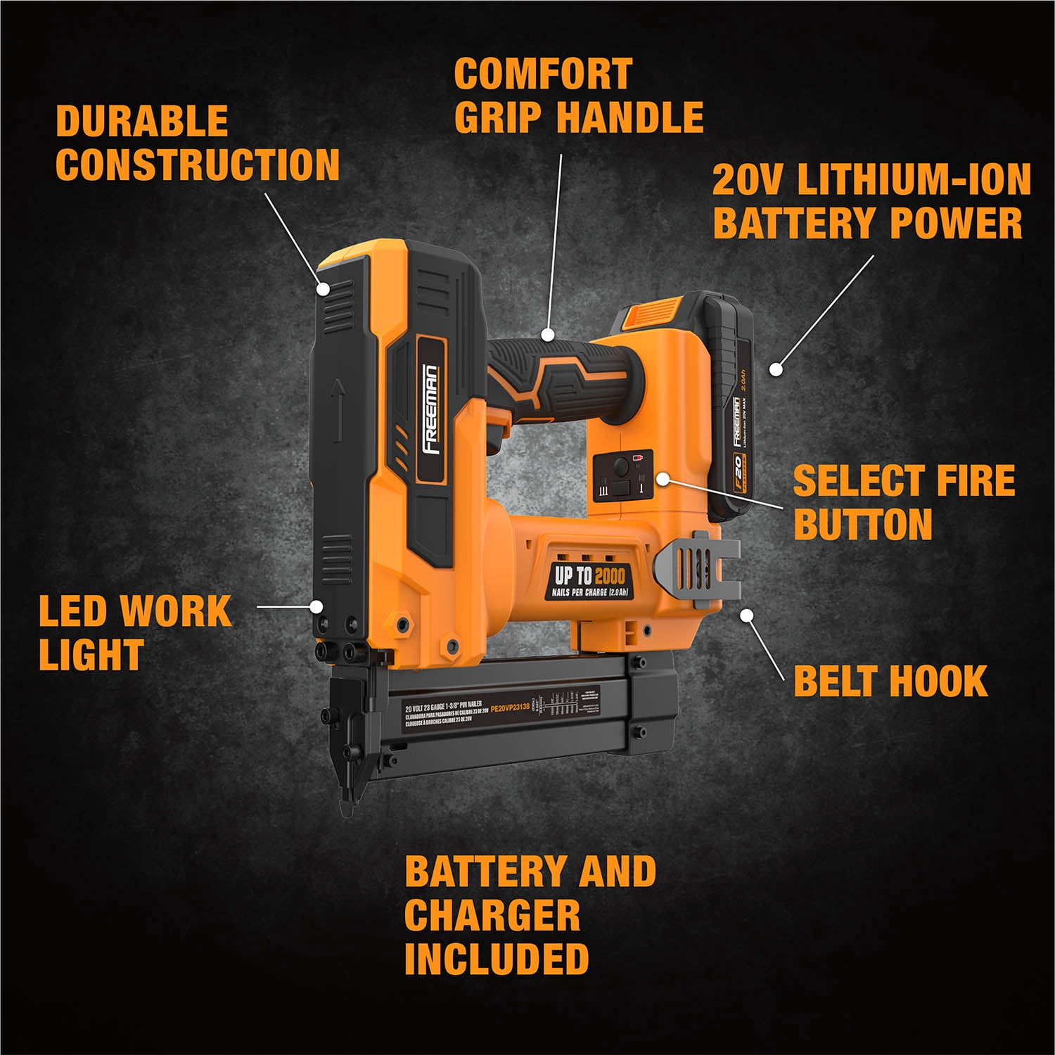 Freeman PE20VP23138 20 Volt Cordless 23-Gauge 1-3/8" Pin Nailer Kit with Lithium Ion Battery, Charger, Bag, and Nails (1000 Count) – 2000 Shots per Charge