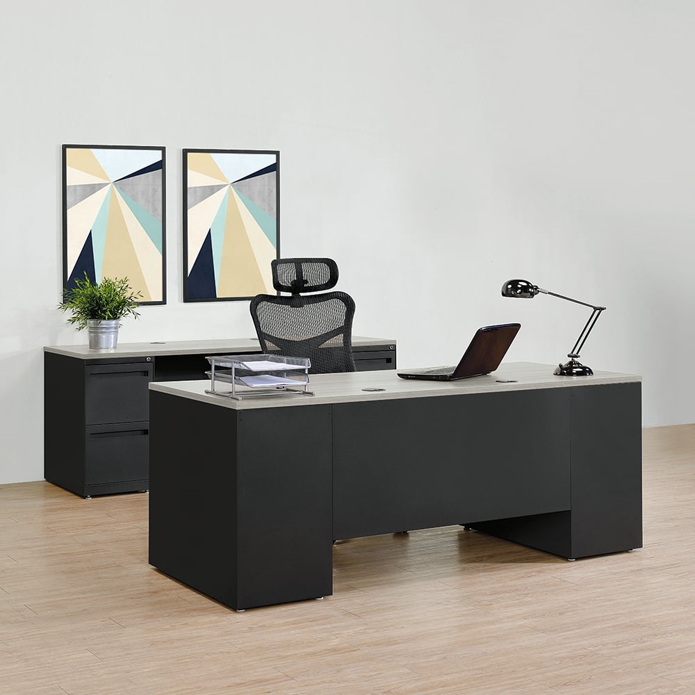 Carbon Executive Desk and Credenza Set Planed Teak