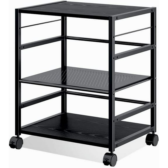 Mobile 3-Shelf Printer Stand with Adjustable Shelves, Modern Printer Cart with Large Storage Space, Printer Stand for Home Office, Black