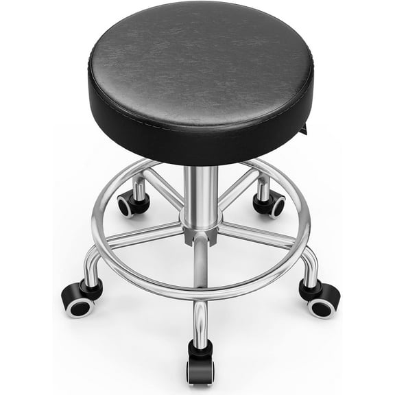 OKAKOPA Rolling Stools with Wheels, Round Height Adjustable Drafting Chair, 360 Swivel Spa Salon Bar Stool with PU Leather, Black