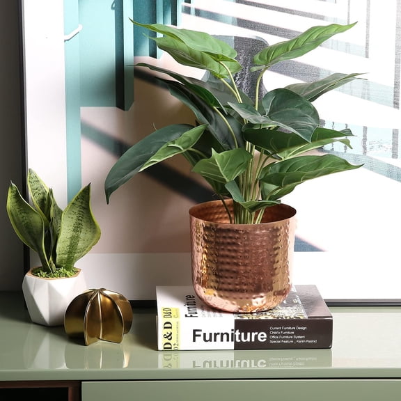 MyGift 6.5 Inch Vintage Hammered Copper-Tone Metal Flower Pot Indoor Plant Container, Decorative Cylindrical Succulent Planter with Flared Rim, Handcrafted in India