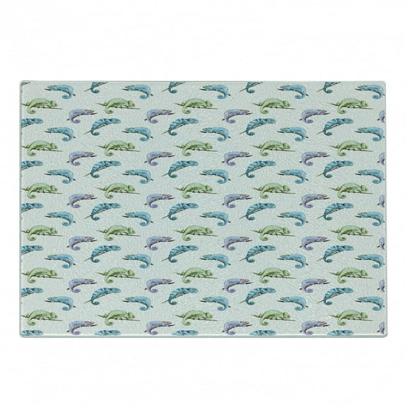Chameleon Cutting Board, Jungle Fauna Vivid Pattern with Colorful Reptile Animal on Branches, Decorative Tempered Glass Cutting and Serving Board, in 3 Sizes, by Ambesonne