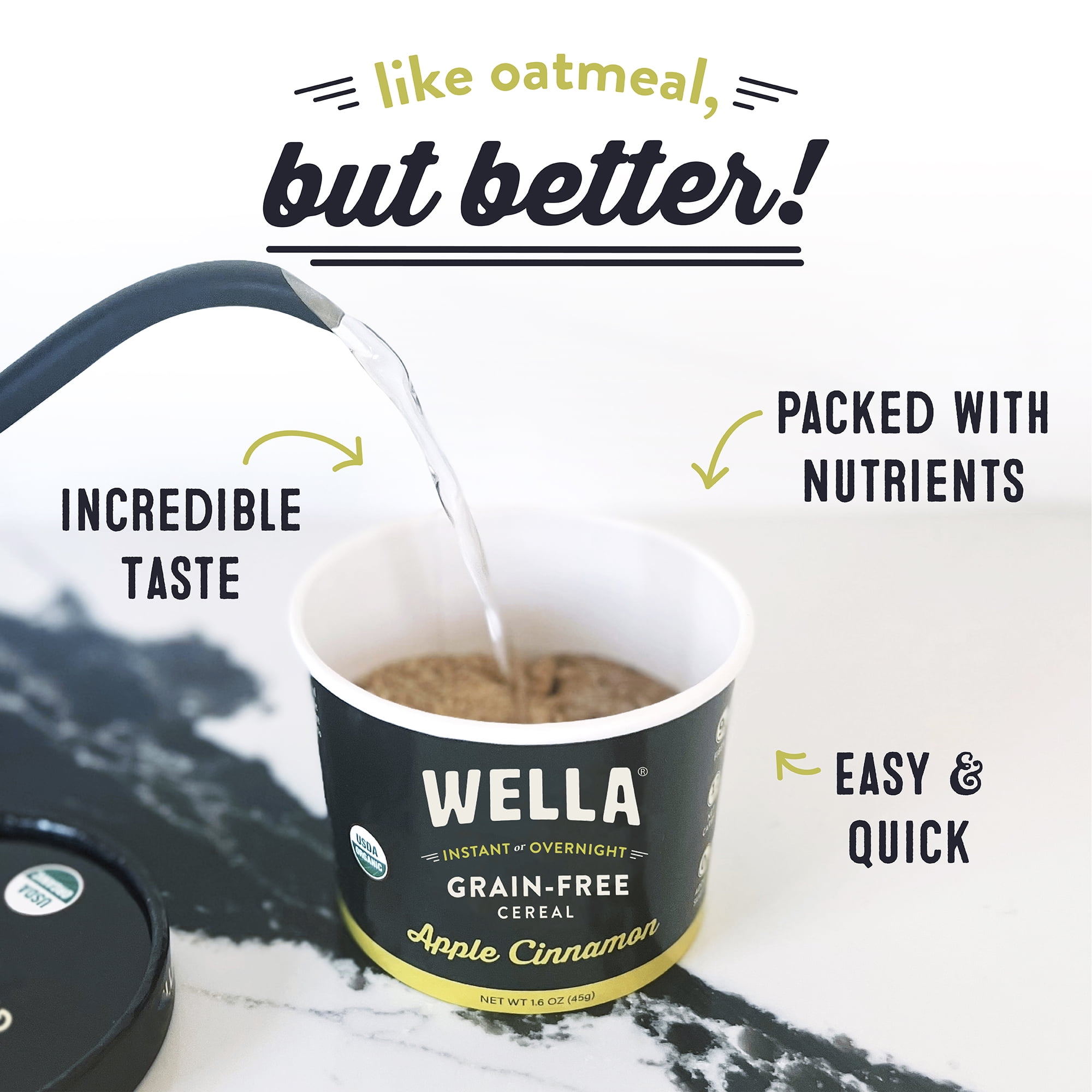 Wella Grain Free Cereal Oatmeal Alternative – Organic Cereal, Vegan High Protein Gluten Free Superfood – Paleo Plant-Based Non-GMO – Low in Net Carbs – Single-Serve 1.6 oz. Cup (Apple Cinnamon)