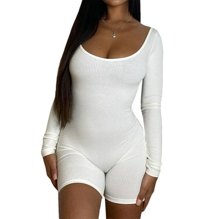 

Liacowi Women Long Sleeve Romper Low Cut Slim Fit Short Jumpsuit Solid Color One Piece Playsuits Bodysuits