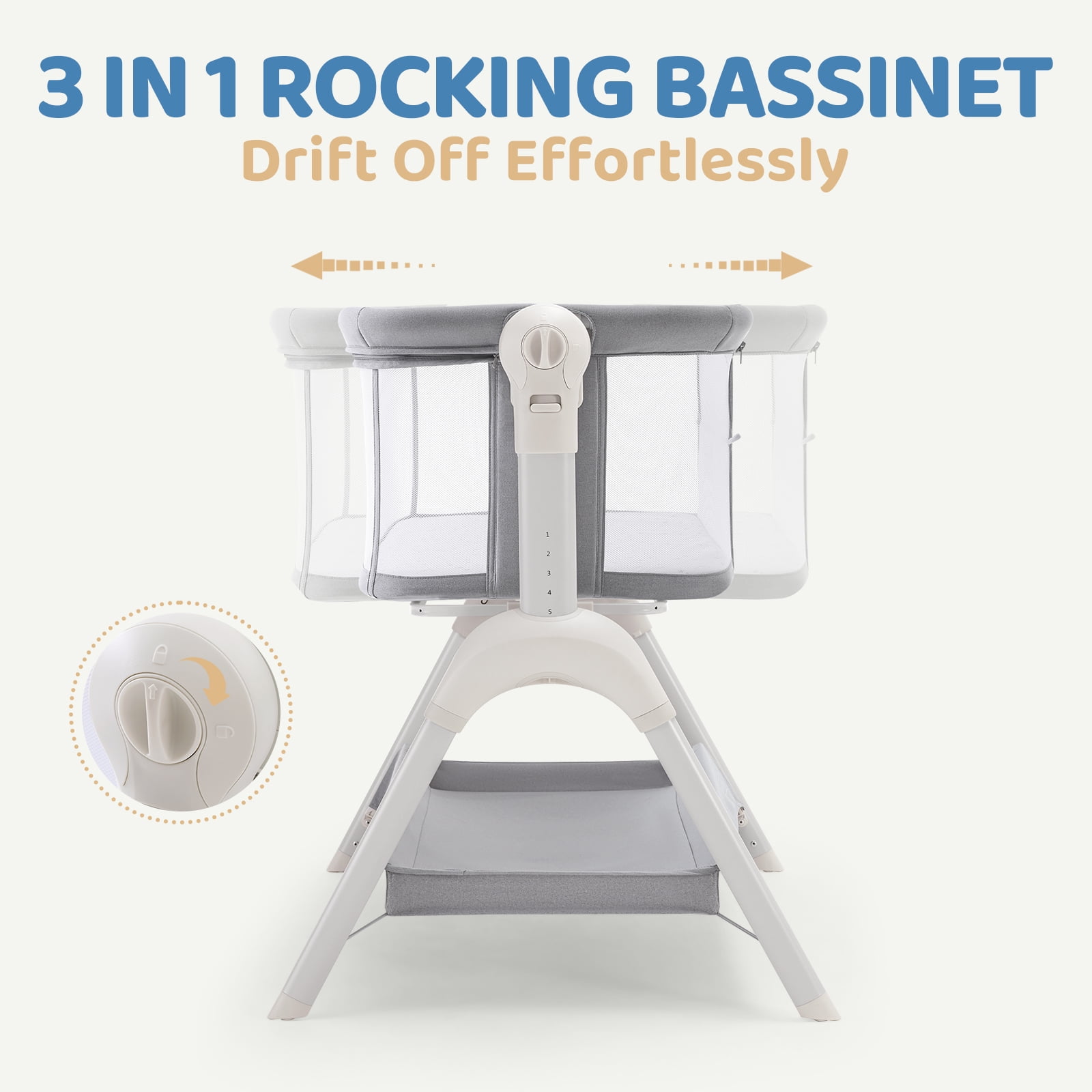 HARPPA Baby Bassinet, 3 in 1 Baby Bassinet Bedside Sleeper with Rocking and Adjustable Height, Light Gray