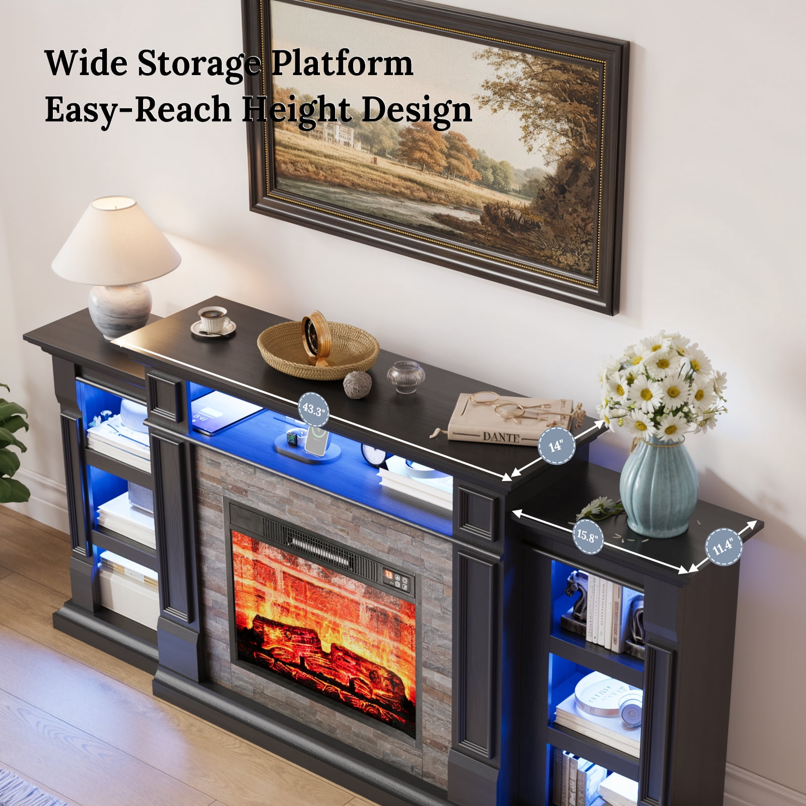 Holliwill 72" TV Stand for TVs up to 80" with Charging Station & LED Light, Electric Fireplace with Mantel, Entertainment Center with 23" Red Brick Electric Heater, Black
