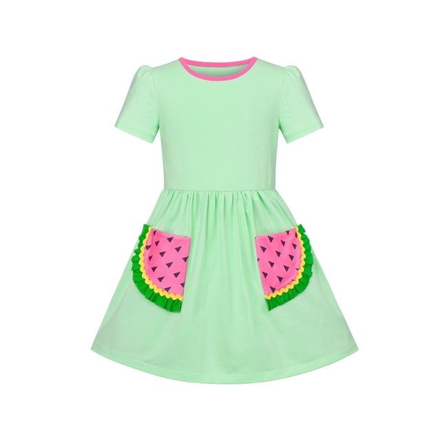 Robe Fille Verte à Volants Poche Pastèque Manches Courtes 6 Ans