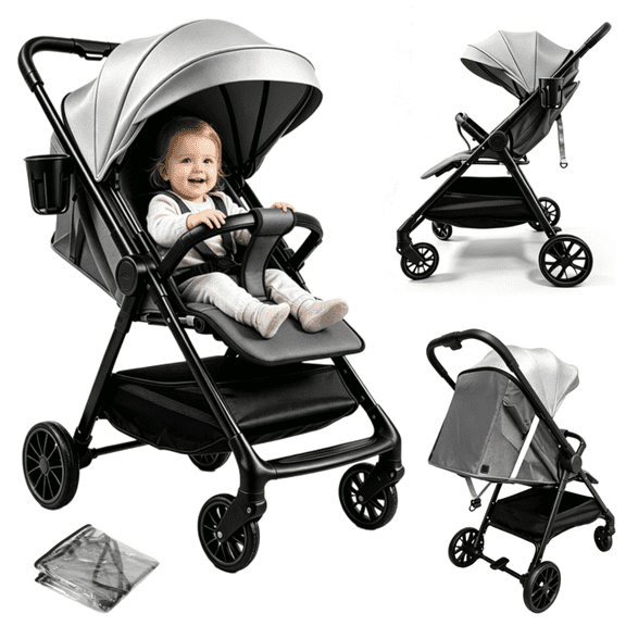 EaseBaby Lightweight Baby Stroller,Compact Travel Pushchair, Foldable Infant Carriage with Cup Holder & Rain Cover, for 0-36 Months,Unisex,GRAY