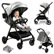 EaseBaby Lightweight Baby Stroller,Compact Travel Pushchair, Foldable Infant Carriage with Cup Holder & Rain Cover, for 0-36 Months,Unisex,GRAY