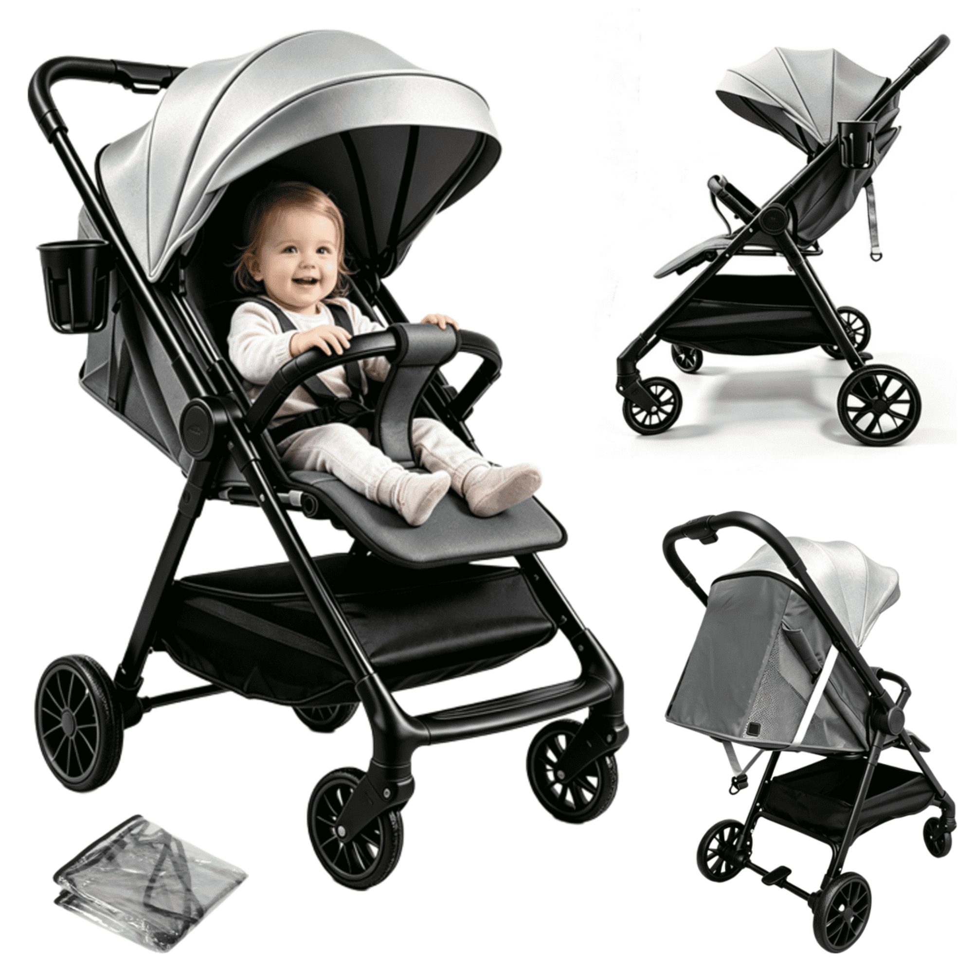 EaseBaby Lightweight Baby Stroller,Compact Travel Pushchair, Foldable Infant Carriage with Cup Holder & Rain Cover, for 0-36 Months,Unisex,GRAY