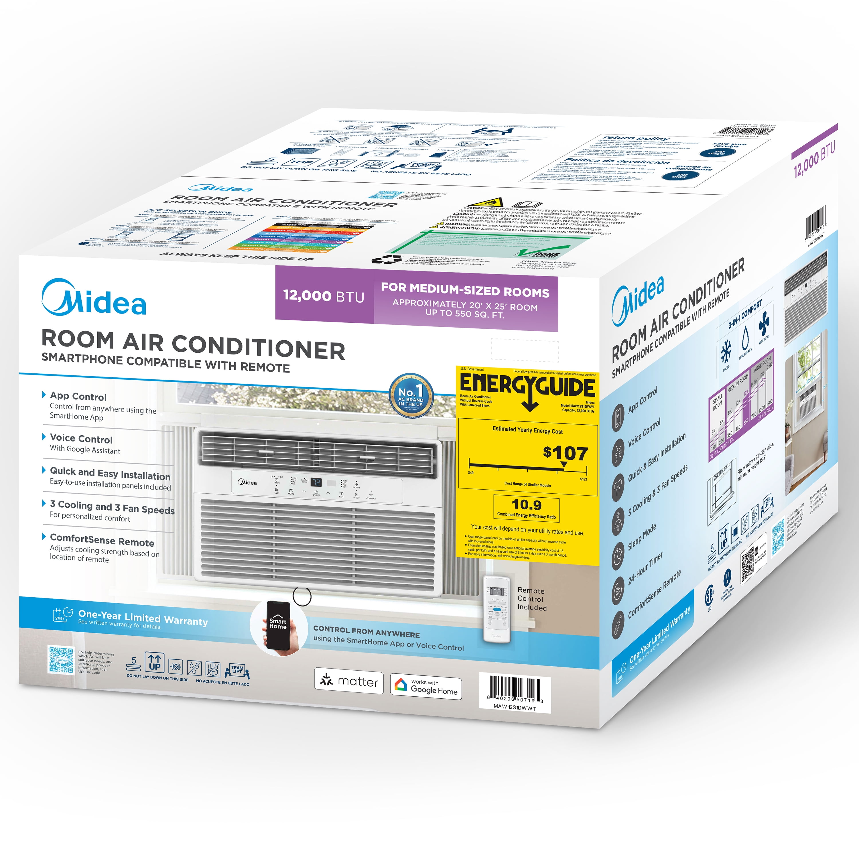 Midea 12,000 BTU Smart Window Air Conditioner, spaces up to 550 sq. ft., Comfort Sense Remote