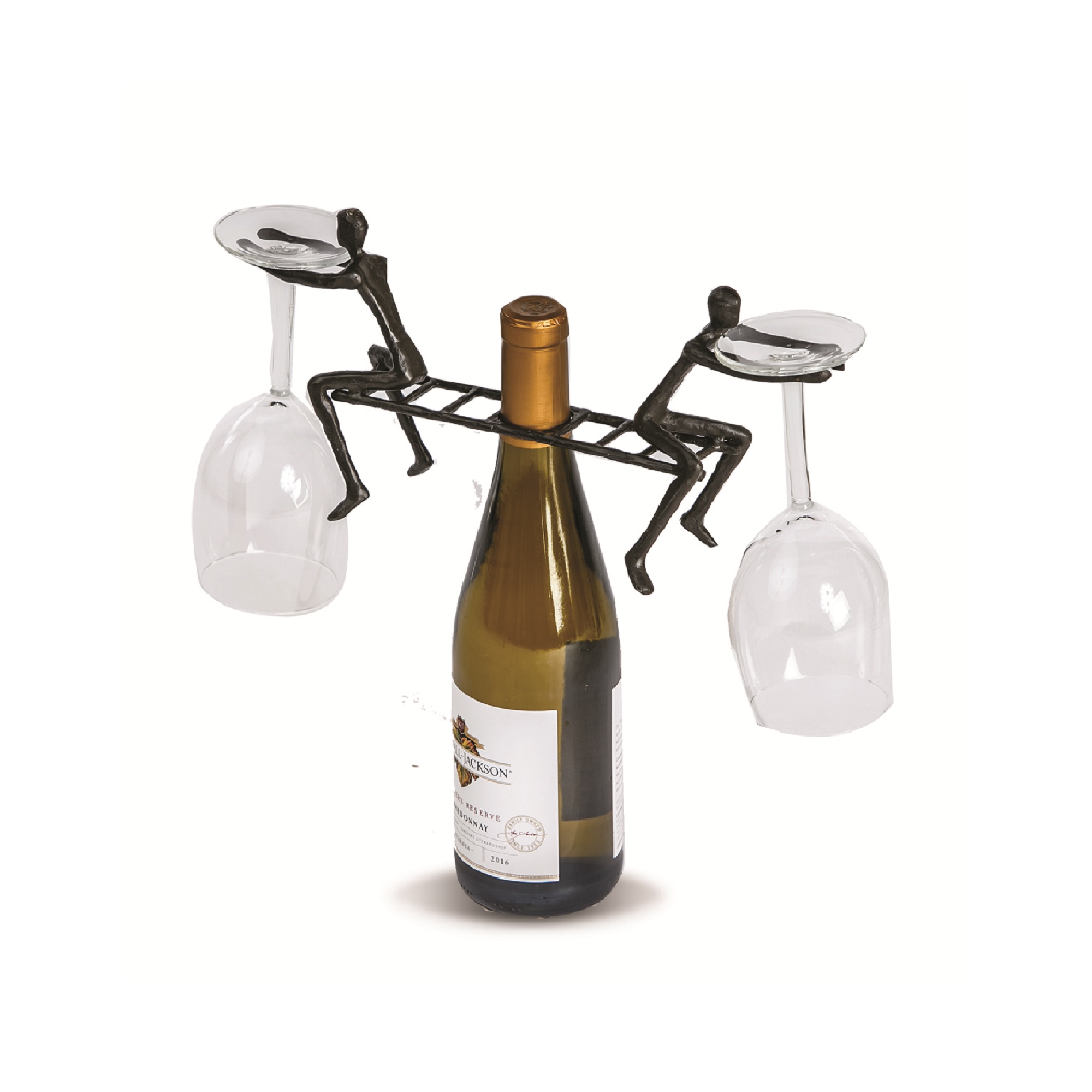 12.50” Black Cast Iron Ladder Man Wine Bottle and 2 Glass Holder