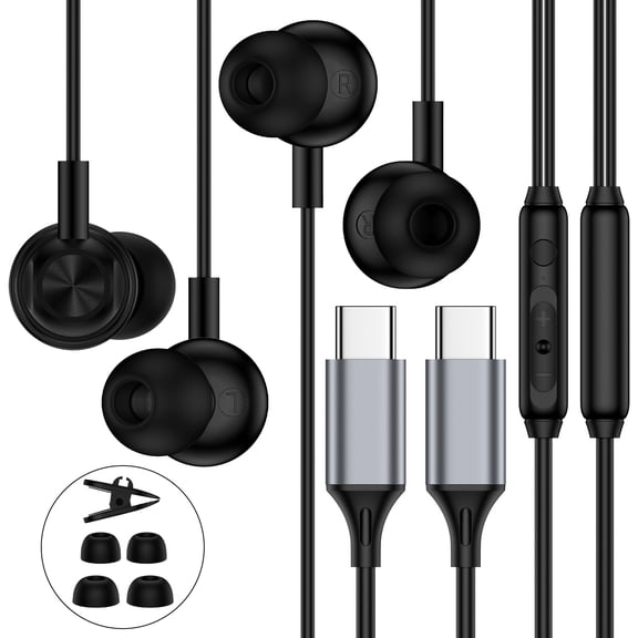 USB C Wired Earbuds,2Pack Type C Wired Earphones USBC Headphones Wired Noise Cancelling In Ear Buds w/ Microphone Remote Control Type C Headphone Compatible with iPhone 17 16 15 Samsung Android iPad