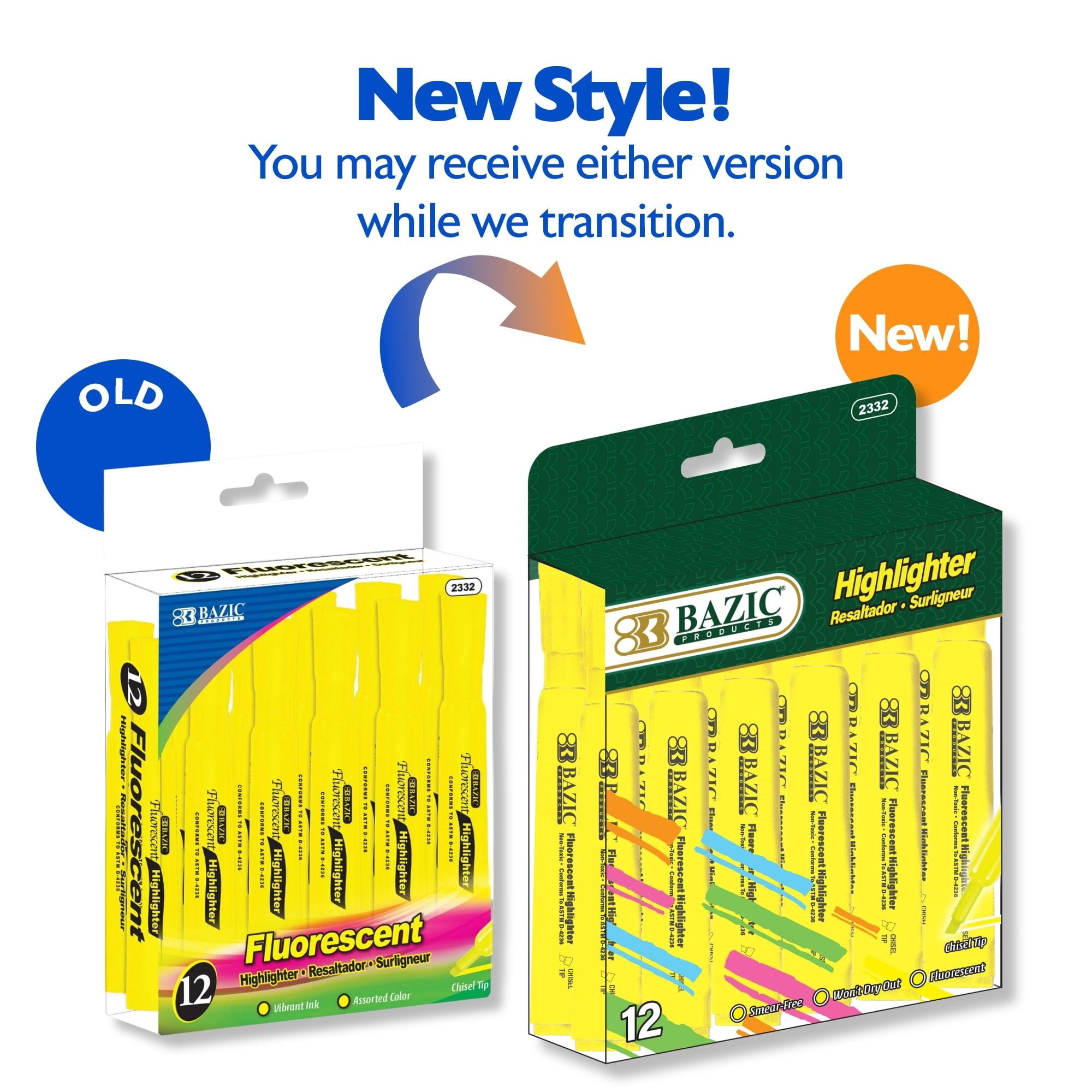 BAZIC Yellow Highlighter Desk Style Chisel Tip Unscented Marker, 144-Count