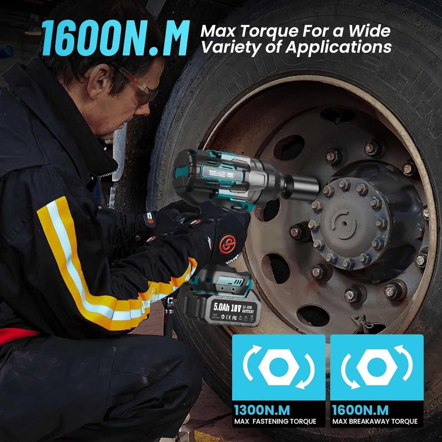 SEESII Cordless Impact Wrench 1180FT-LBS(1600N.m) 2200IPM 3/4 High Torque Brushless Electric Impact Gun with 18V 1x5.0Ah Battery