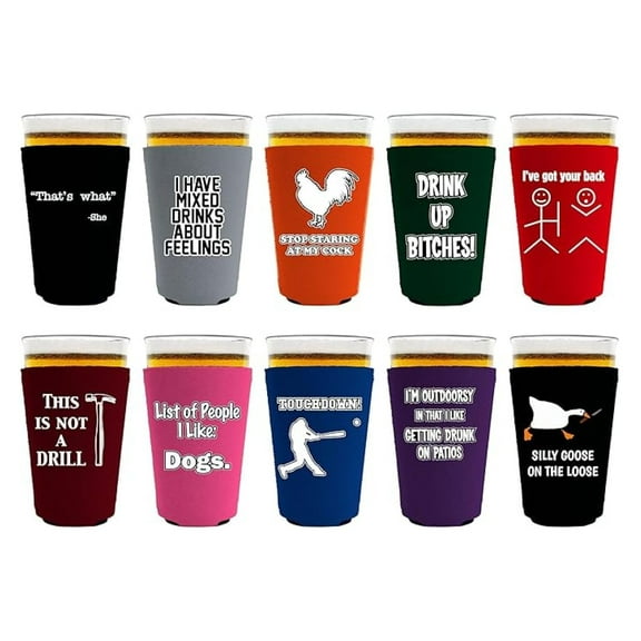 Pint Glass Coolies 10 Pack - Funny Joke Designs - 16oz Tapered Glasses - Neoprene Sleeves - Collapsible & Portable Drink Coolers