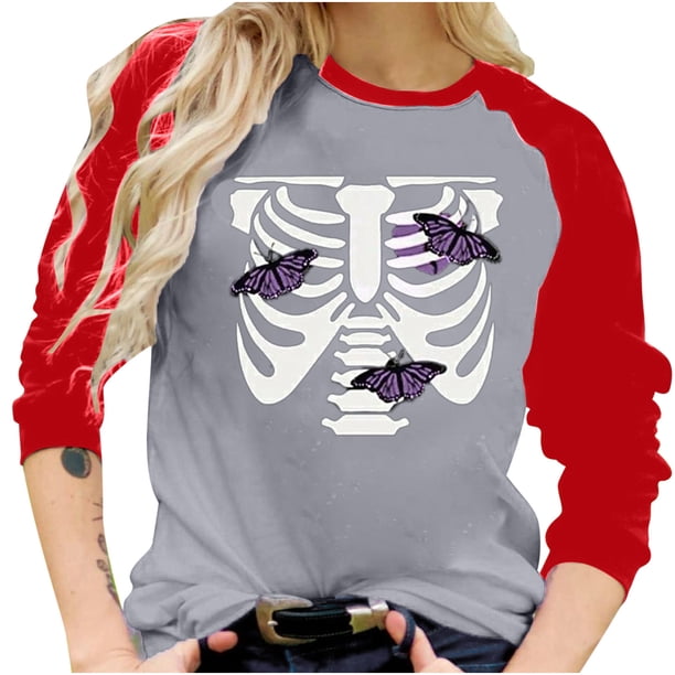 Camiseta suelta estampada a la moda para mujer, blusa de manga larga, cuello redondo, camisetas informales Pompotops FGAJ8298