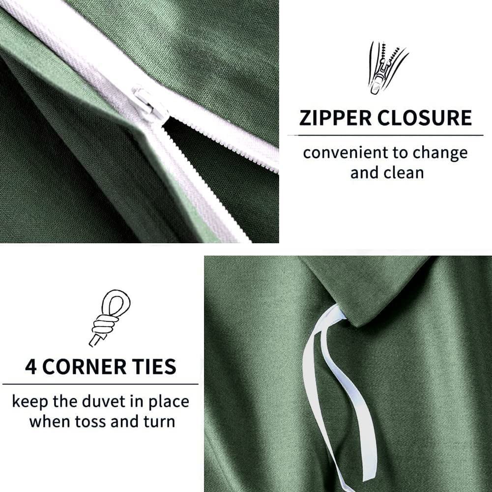 Green Duvet Cover Twin Size 100% Washed Cotton Solid Color Bedding Set 2Pcs Simple Modern Soft Lightweight Breathable Comforter Cover