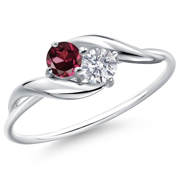 Gem Stone King 10K White Gold Round Red Rhodolite Garnet and White Lab Grown Diamond Ring for Women (0.39 Cttw, Round 3.5MM, Gemstone January Birthstone, Size 8)