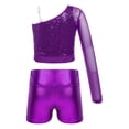 thumbnail image 2 of iiniim Kids Girls Jazz Hip Hop Dance Sequins Mesh Long Sleeve One Shoulder Dance Top with Shorts Purple 12, 2 of 7