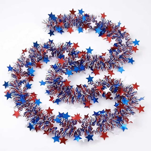 50Ft Red White Blue Glitter Tinsel Garland, Patriotic 4th of July Decorations for Indoor & Outdoor Use