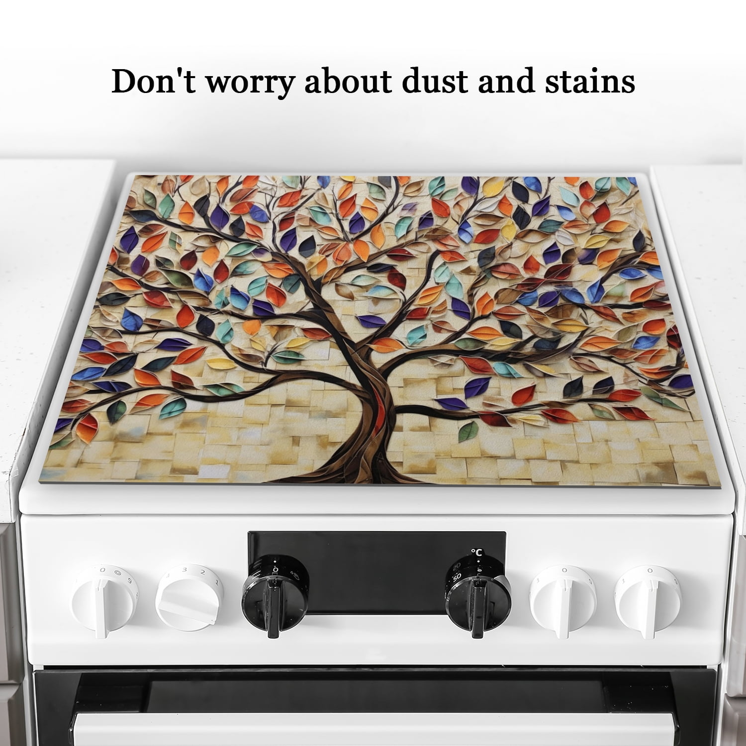 Stove Top Covers for Gas Burners, Retro Colorful Tree, Square Foldable Stove Mats, Waterproof Oilproof Dustproof Decorative Induction Pad for Kitchen RV (28×20 Inch)