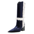 thumbnail image 2 of FSJ Women Comfortable Pointed Closed Toe Faux Fur Lined Knee High Boots Chunky Block Heels Tall Boots Party Date Shoes Size 8 Navy, 2 of 4
